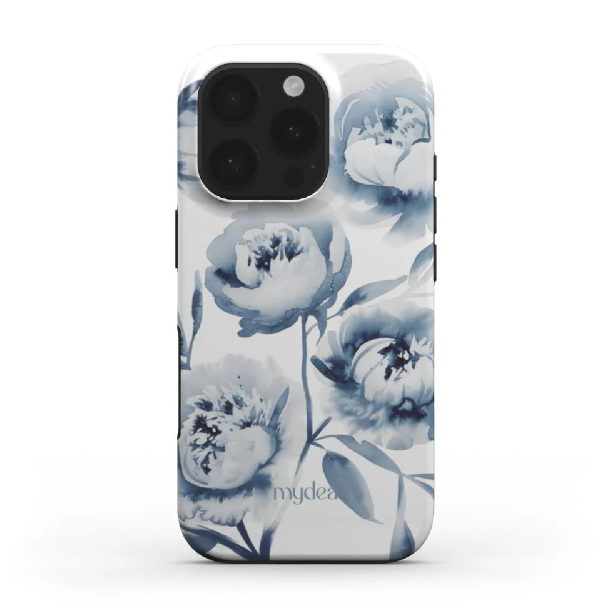 Una custodia per telefono bianca con un design floreale ad acquerello blu. La custodia presenta un ritaglio per la fotocamera e il marchio 'mydea'.