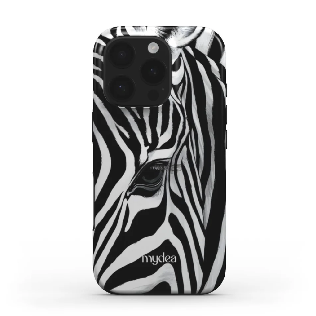 Una custodia per telefono con un design a zebra. La custodia ha strisce bianche e nere e presenta un occhio di zebra. Il logo 'mydea' è visibile.
