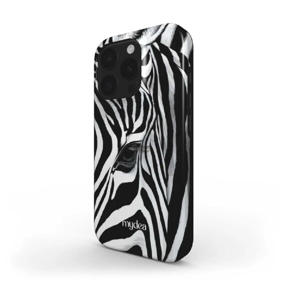 Una custodia per telefono con un design a zebra. La custodia è in bianco e nero. L'occhio e le strisce della zebra sono visibili.