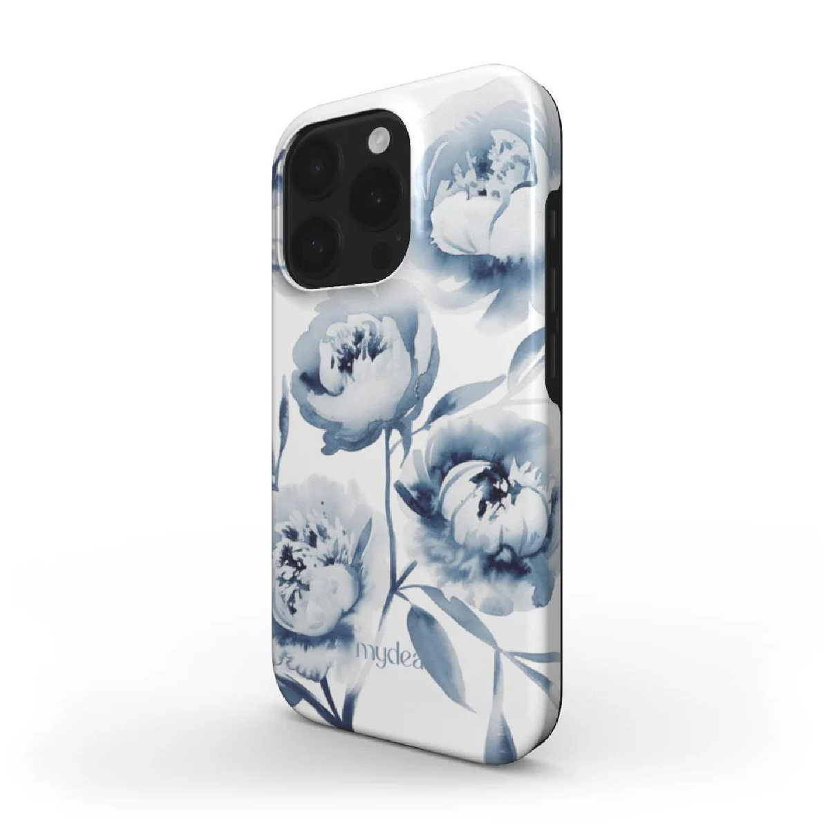 Custodia per telefono bianca con design floreale ad acquerello blu. Presenta più lenti della fotocamera e la parola 'mydea'.