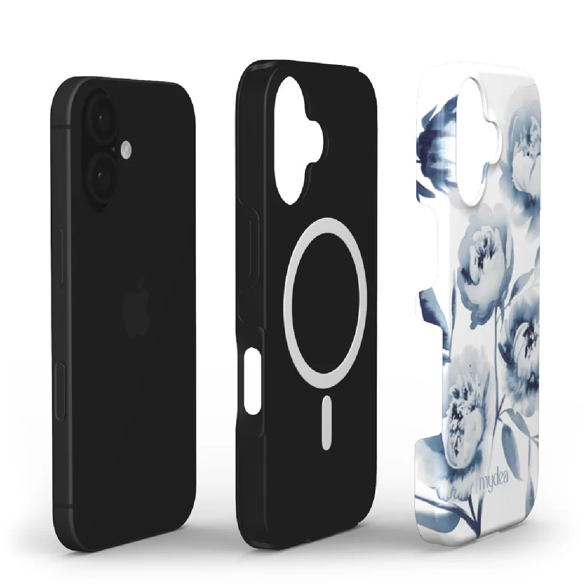 Tre custodie per telefono: iPhone nero, custodia nera con cerchio bianco e custodia floreale bianca con fiori blu.