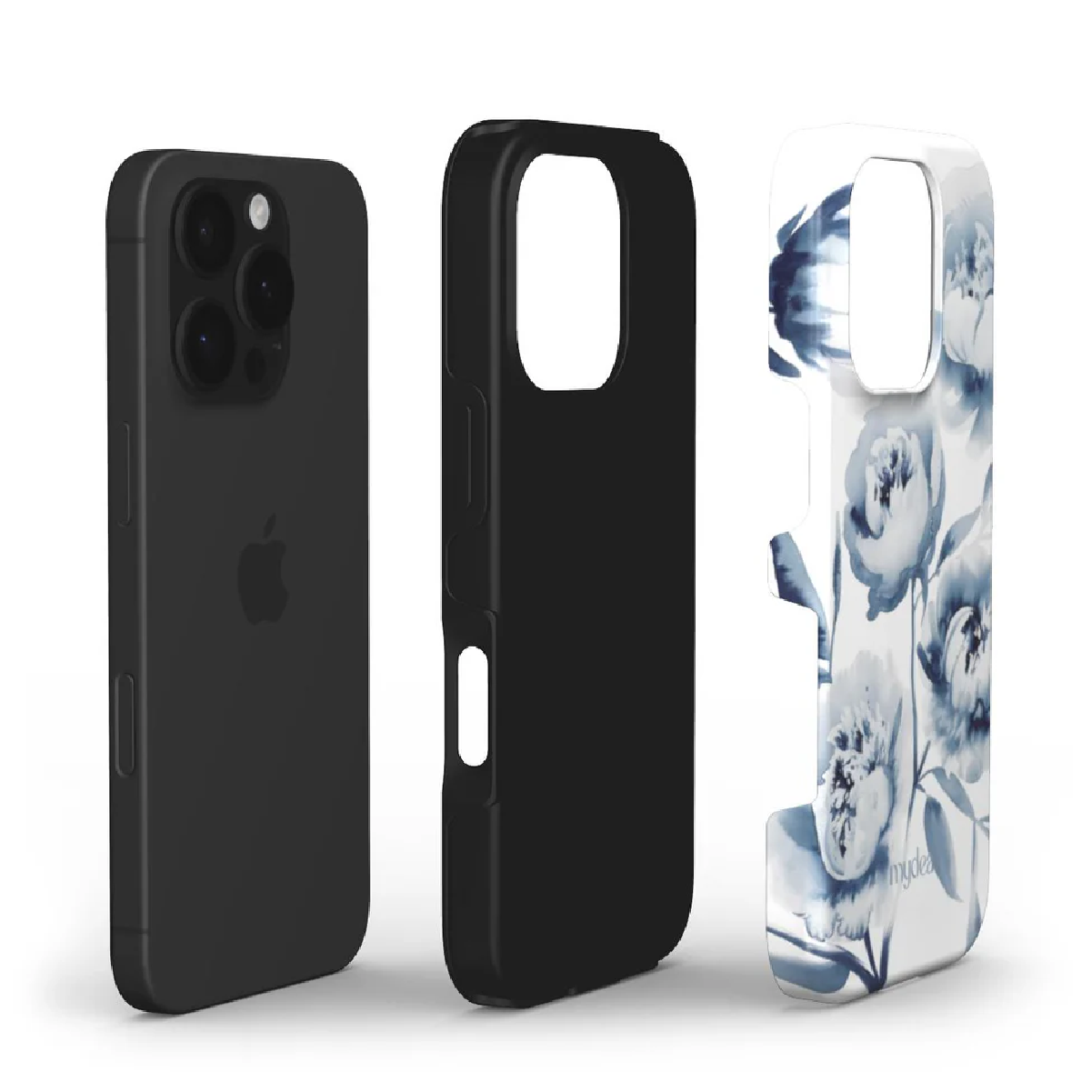 Tre custodie per iPhone: telefono nero, custodia nera e custodia con design floreale con fiori blu su bianco. Tutto su sfondo bianco.