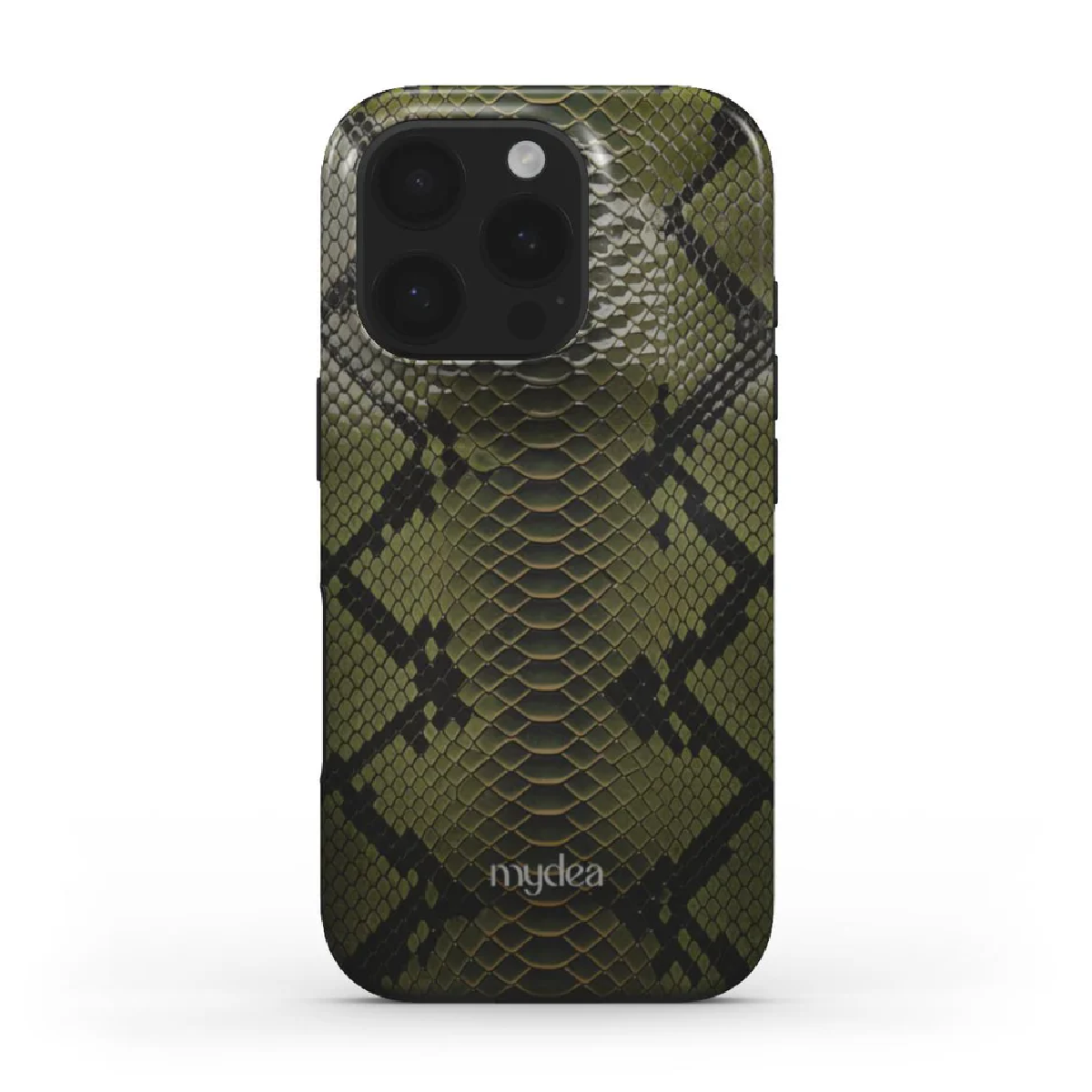 Una custodia per iPhone con motivo a pelle di serpente nei toni del verde e del nero. La custodia ha il logo mydea in basso.