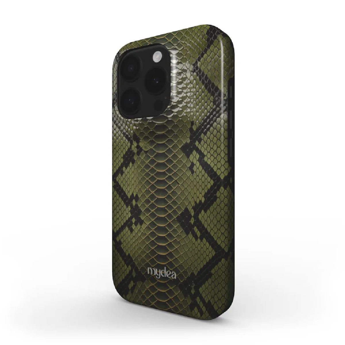 Una custodia per smartphone con motivo a pelle di serpente verde e nero. La custodia ha ritagli per la fotocamera e il marchio 'mydea'.