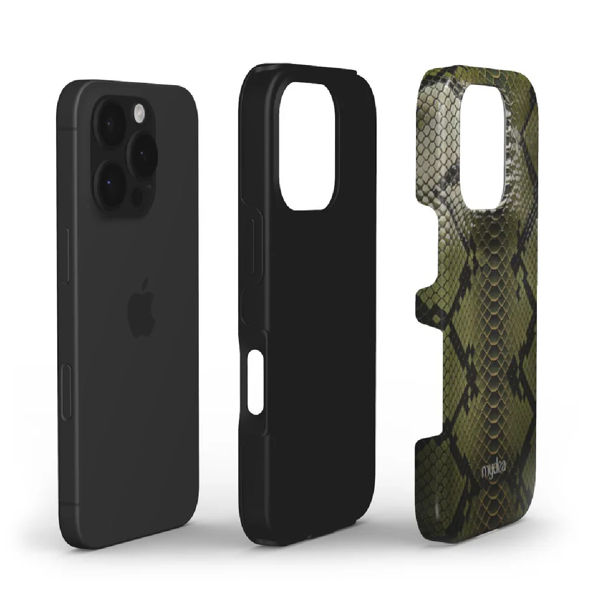 Un iPhone con custodia nera, una custodia nera separata e una custodia con motivo a pelle di serpente.