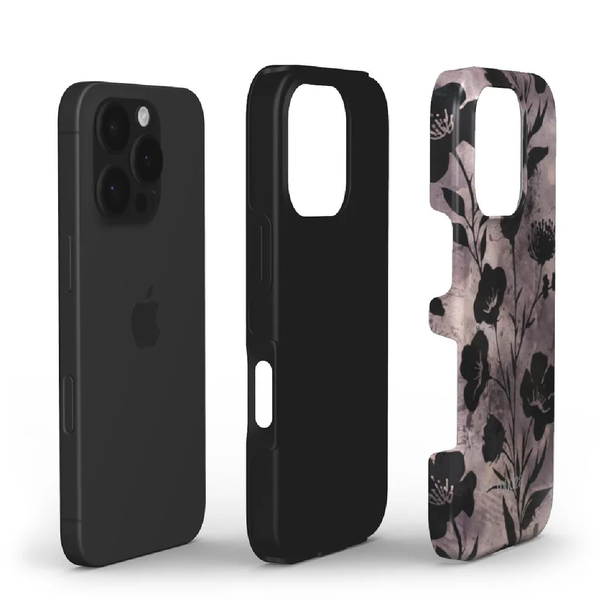 Un iPhone e due custodie. Una è nera, l'altra è nera con un motivo floreale. La custodia è in pezzi.