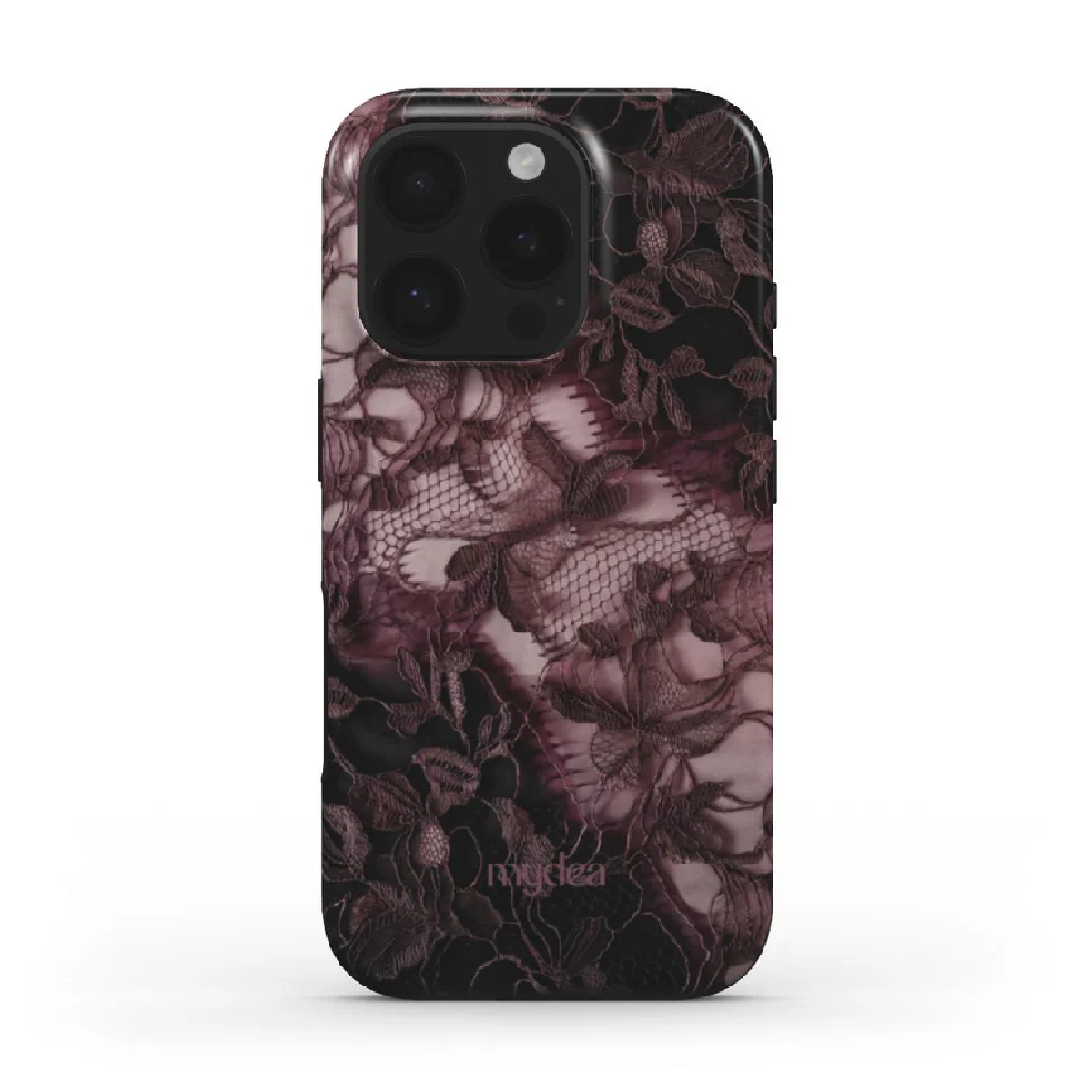 Una custodia per telefono con un design in pizzo rosso scuro. La custodia ha un modulo fotocamera nero con più lenti. Il marchio 'mydea' è visibile.