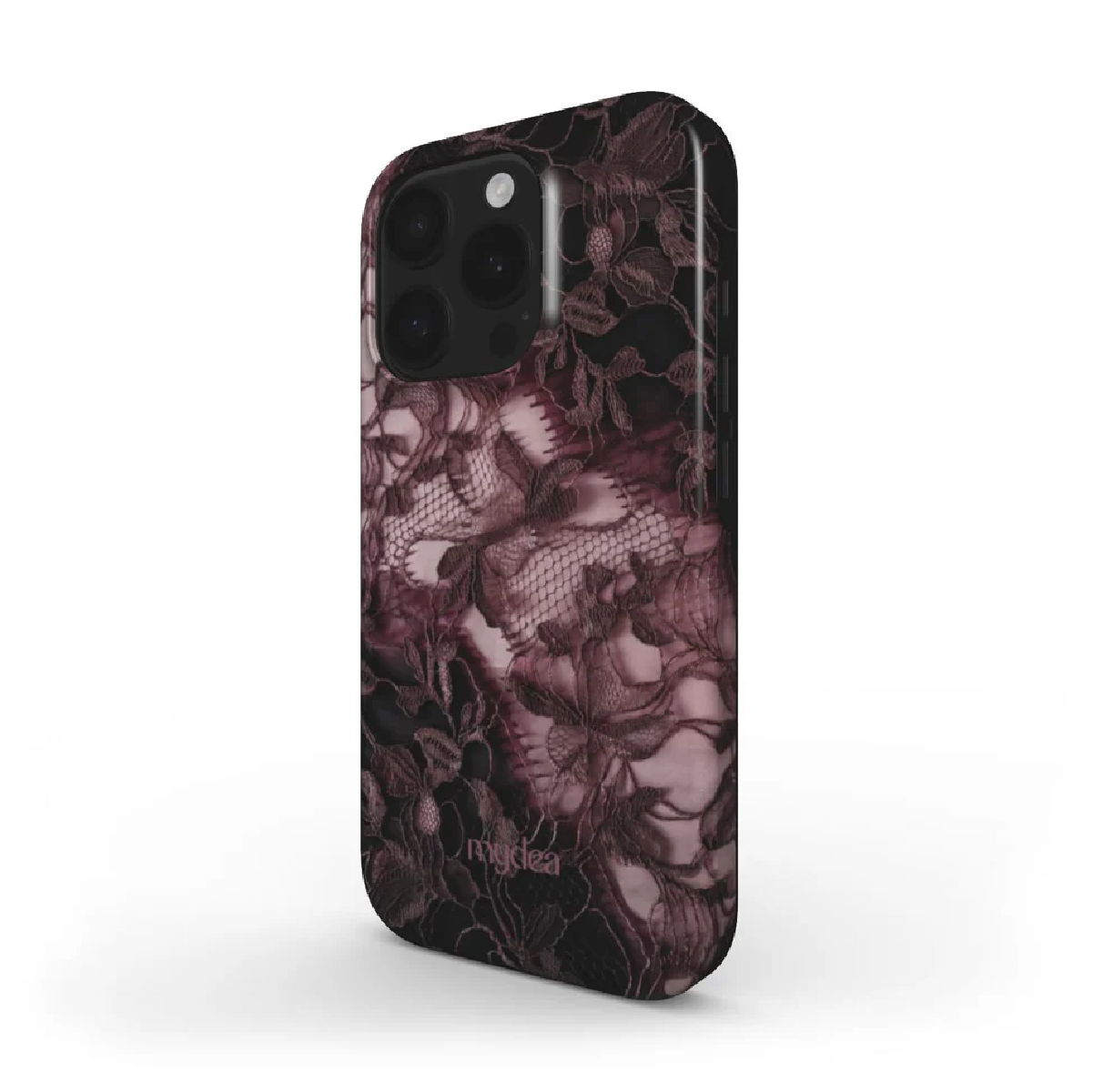Una custodia per telefono con un motivo in pizzo scuro. La custodia ha un'area fotocamera nera. Il pizzo è viola scuro con sfondo rosa chiaro.