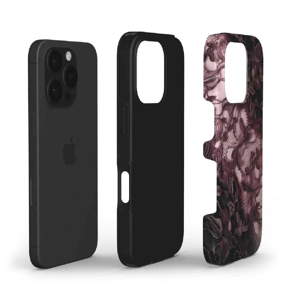 Tre custodie per iPhone: iPhone nero, una custodia nera e una custodia con motivo floreale in pizzo.
