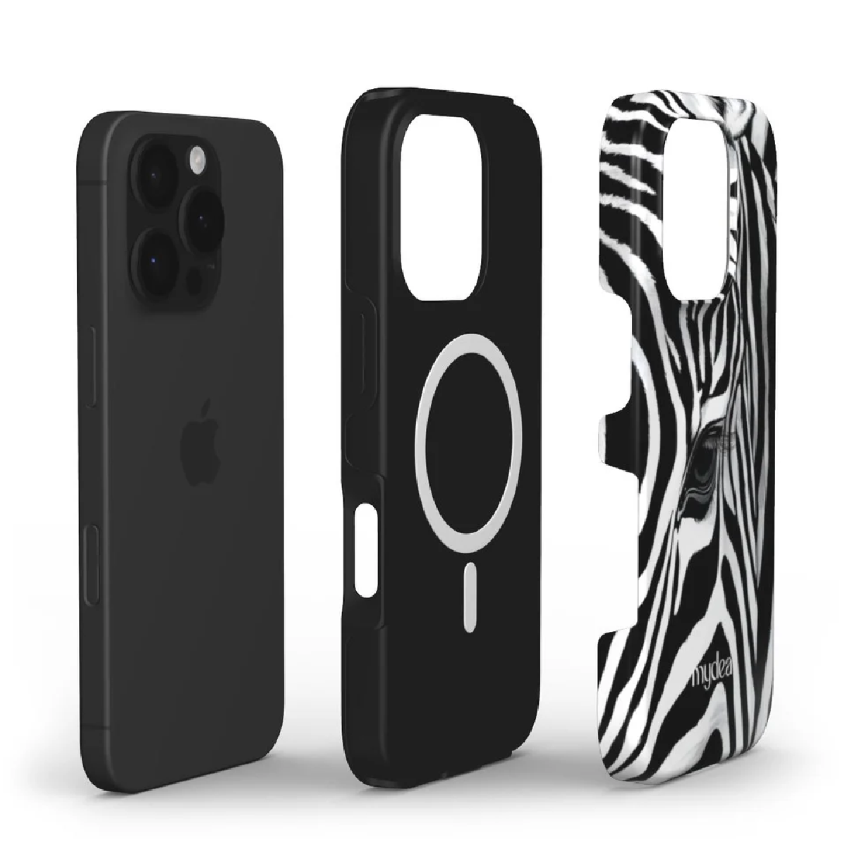 Tre custodie per iPhone: iPhone nero, custodia nera e custodia con stampa zebrata. Tutti sono visualizzati fianco a fianco, mostrando diversi design.