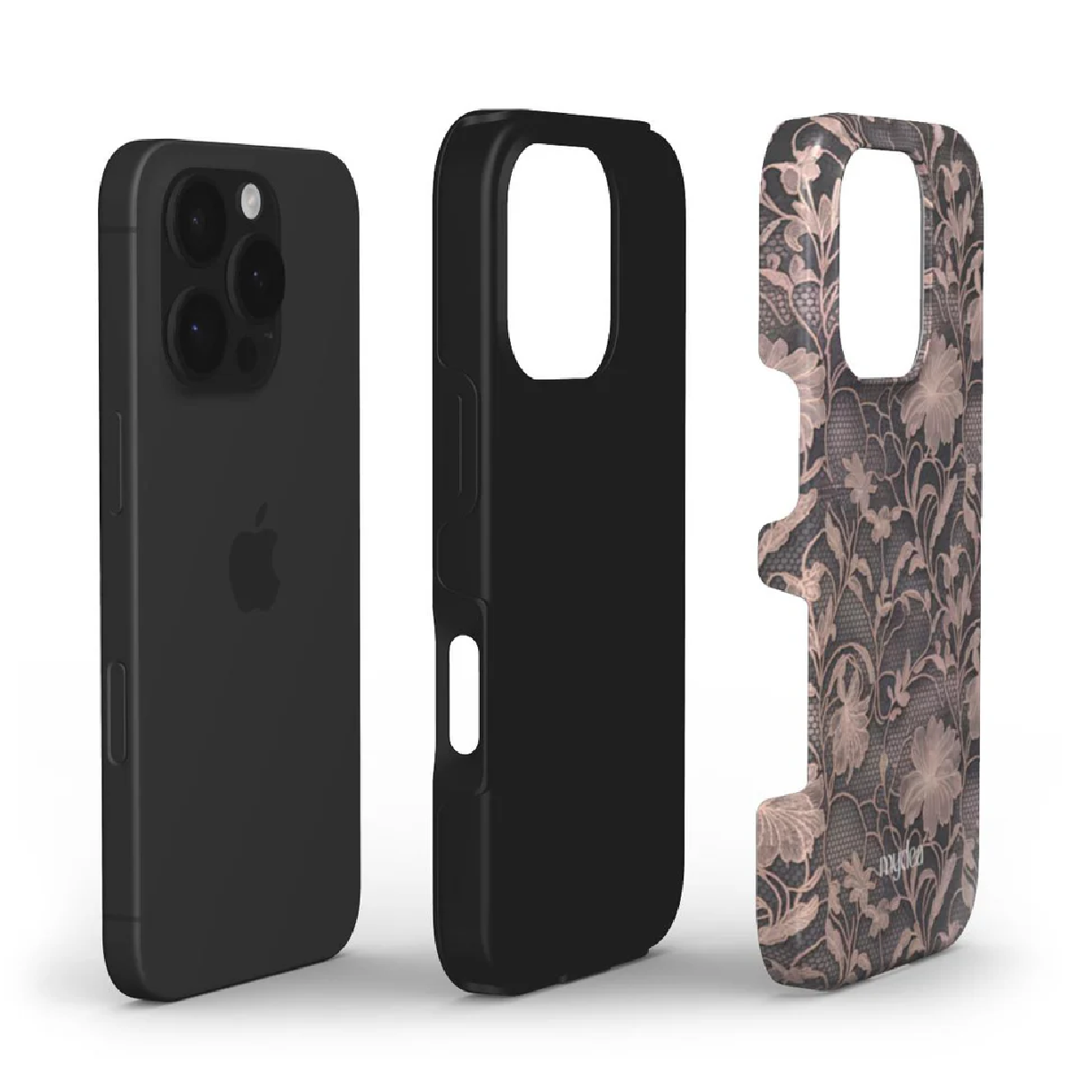 Tre custodie per iPhone: telefono nero con fotocamere, custodia nera e custodia con motivo floreale. Tutti isolati su sfondo bianco.