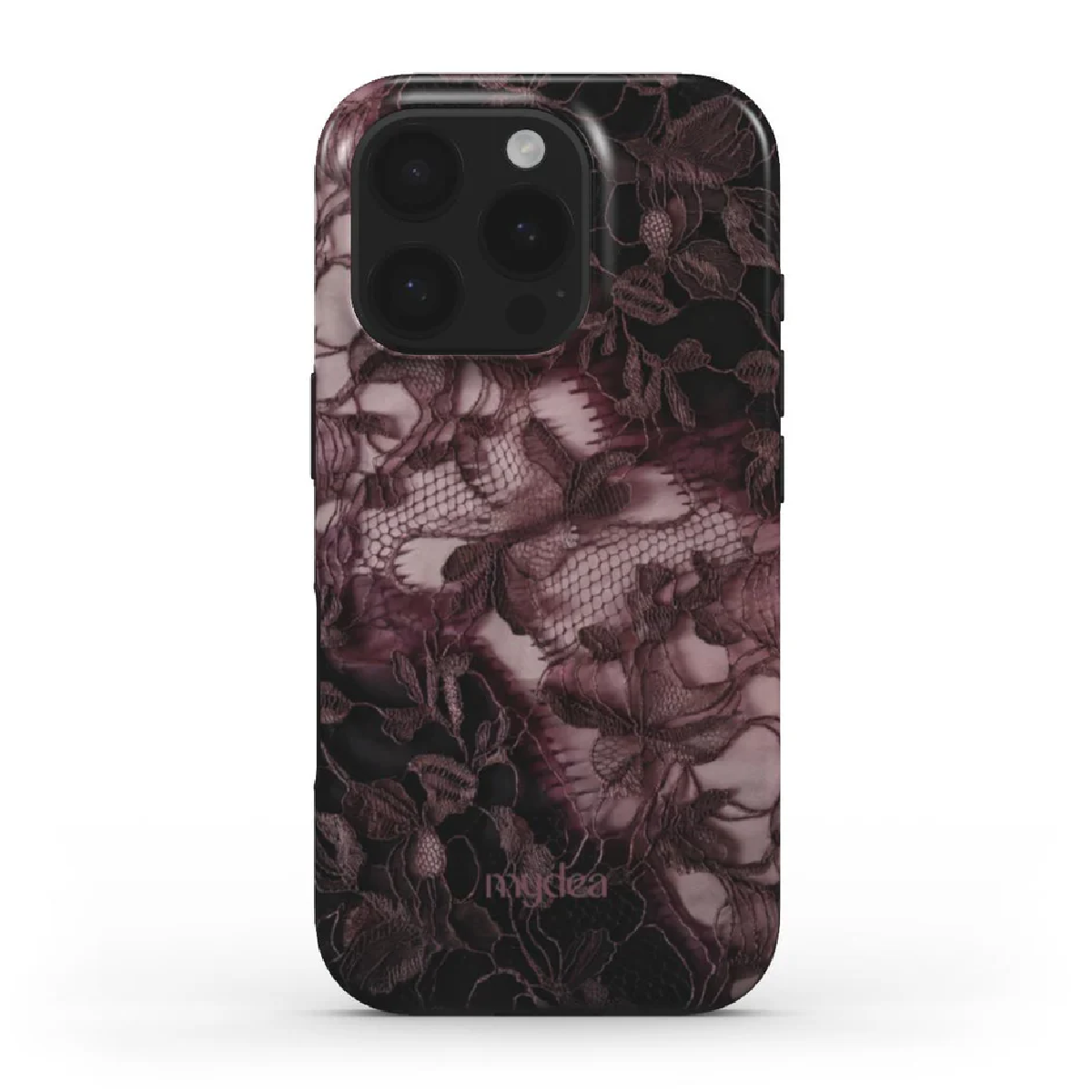 Una custodia per smartphone con un motivo a pizzo. La custodia è scura con un design floreale in pizzo nei toni del rosso scuro e nero.