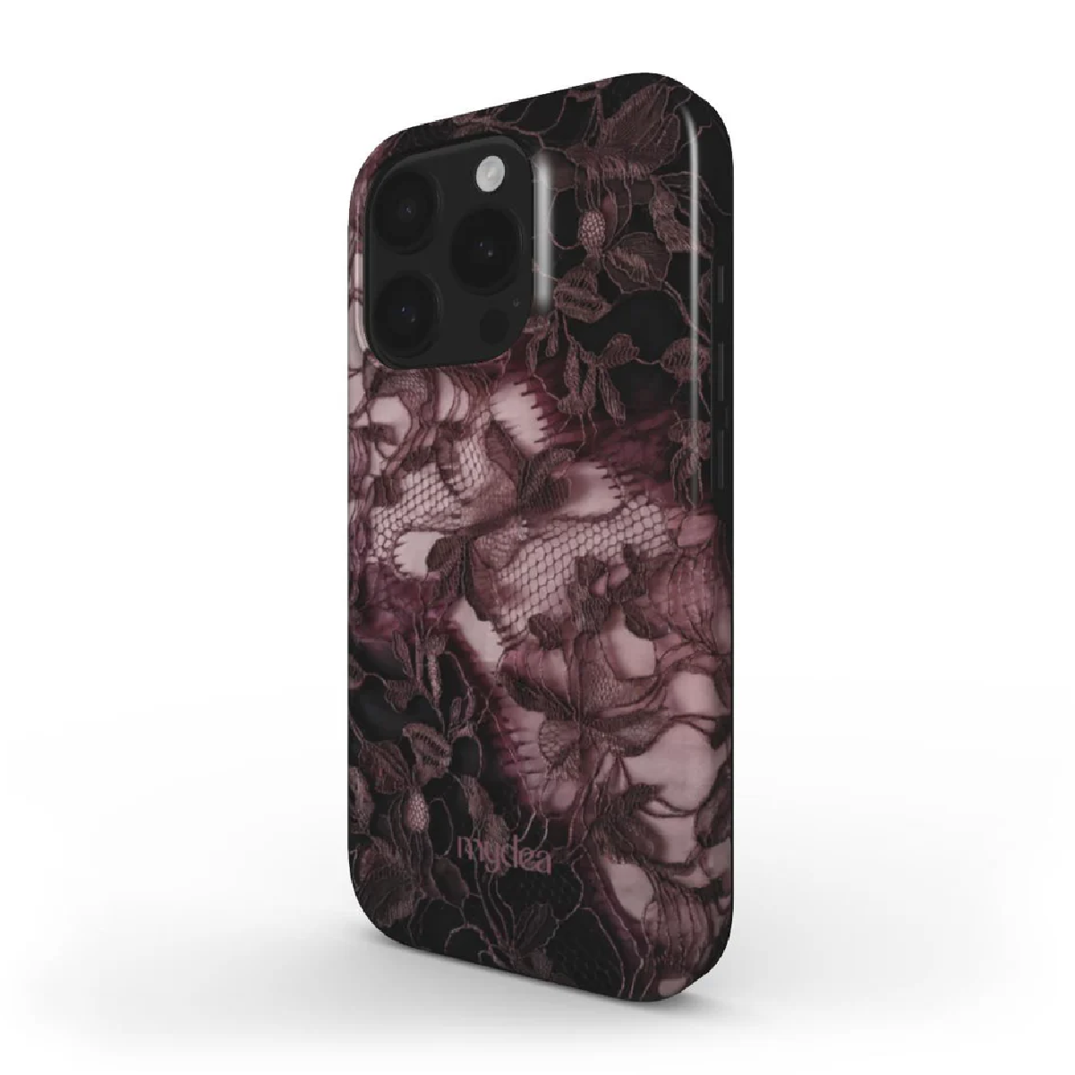 Una custodia per telefono con un design di pizzo floreale scuro. La custodia presenta lenti della fotocamera ed è visibile il marchio 'mydea'.