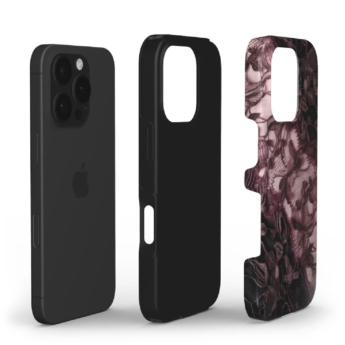 Sono visualizzati un iPhone e due custodie per telefoni. Un iPhone nero e due custodie nere. Una custodia ha un design floreale.