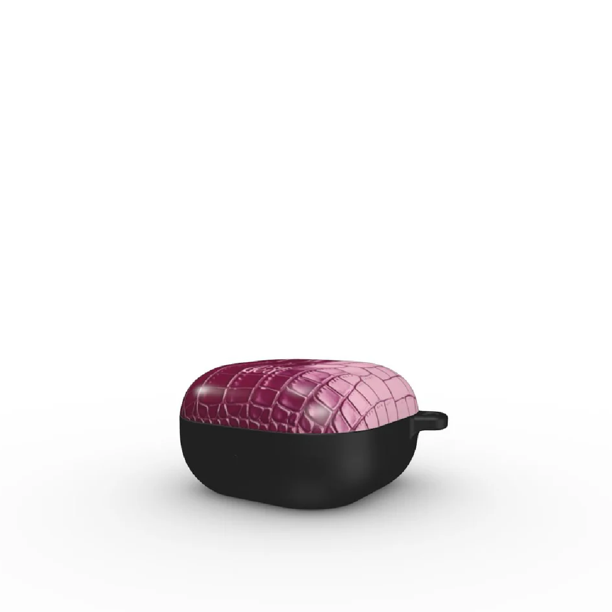 Una custodia nera per auricolari con coperchio rosa e amaranto strutturato, con la scritta "GENTE" visibile sopra.