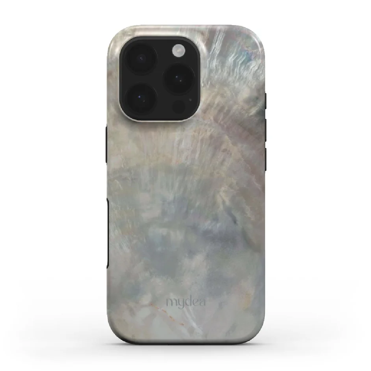 Una custodia per telefono perlata con un rigonfiamento della fotocamera. Presenta un motivo a vortice con un logo mydea.