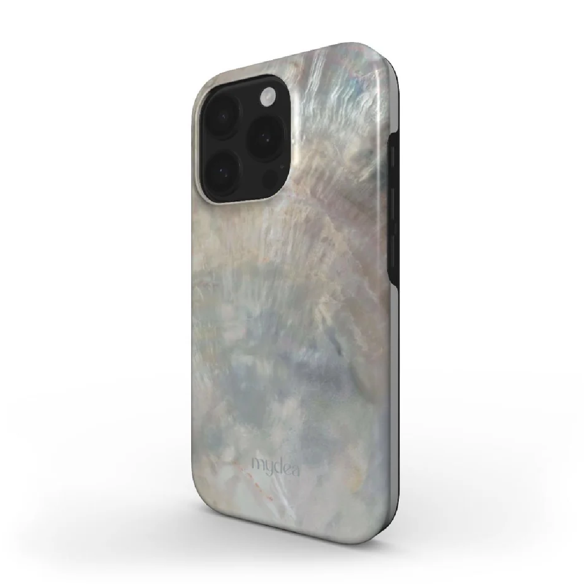 Uno smartphone con custodia perlata. La custodia ha un design simile al marmo, con lenti della fotocamera nere. Il marchio 'mydea' è visibile.