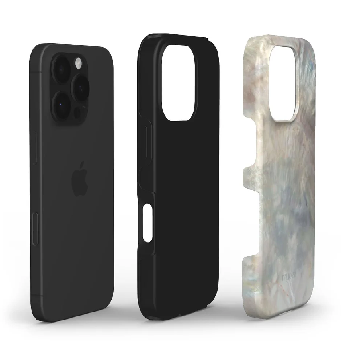 Tre custodie per iPhone: un telefono nero con custodia, una custodia nera e una custodia perlata, tutto su sfondo bianco.