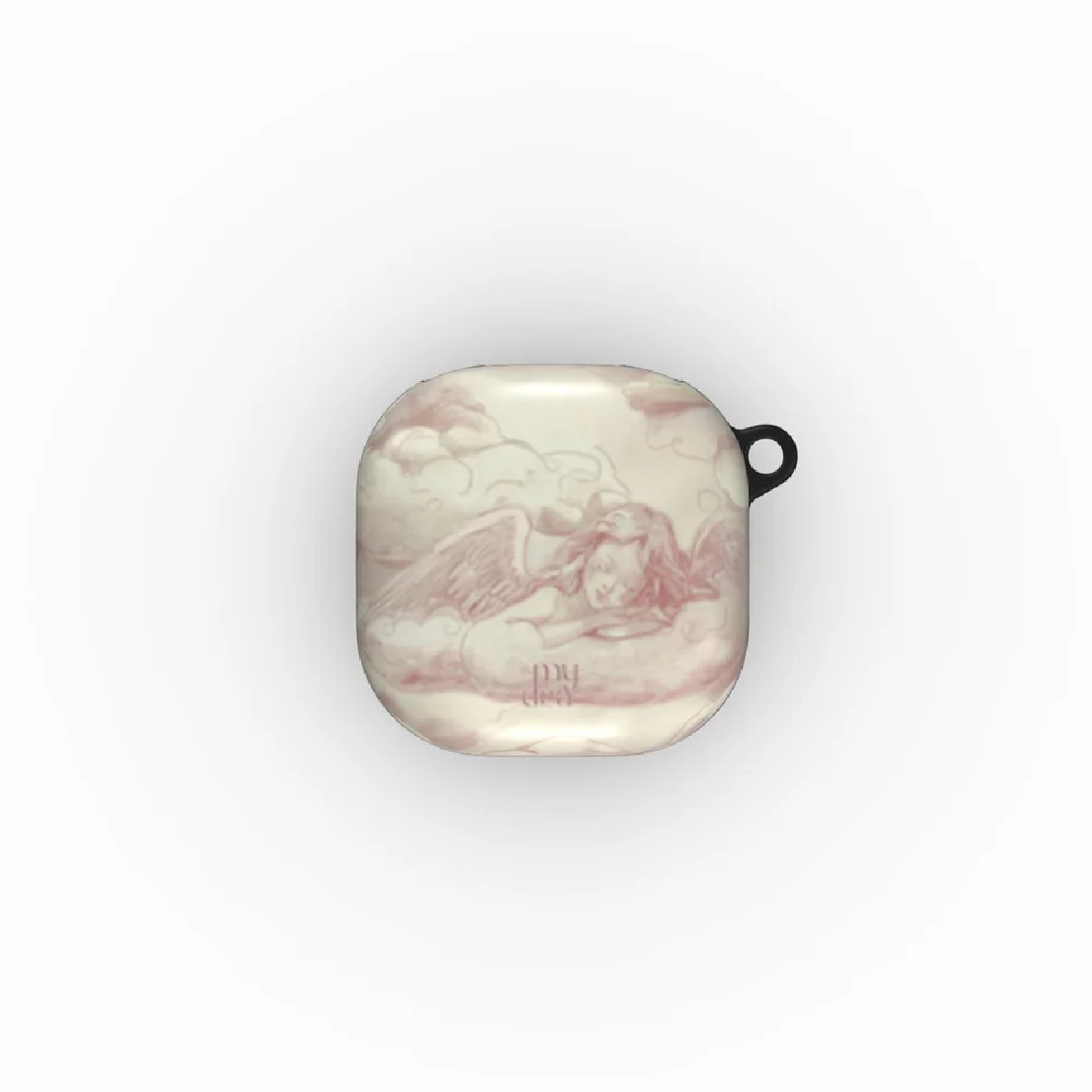 Custodia AirPods con design di angelo, dormiente sulle nuvole. La custodia è bianco sporco con illustrazione rosa e anello nero.