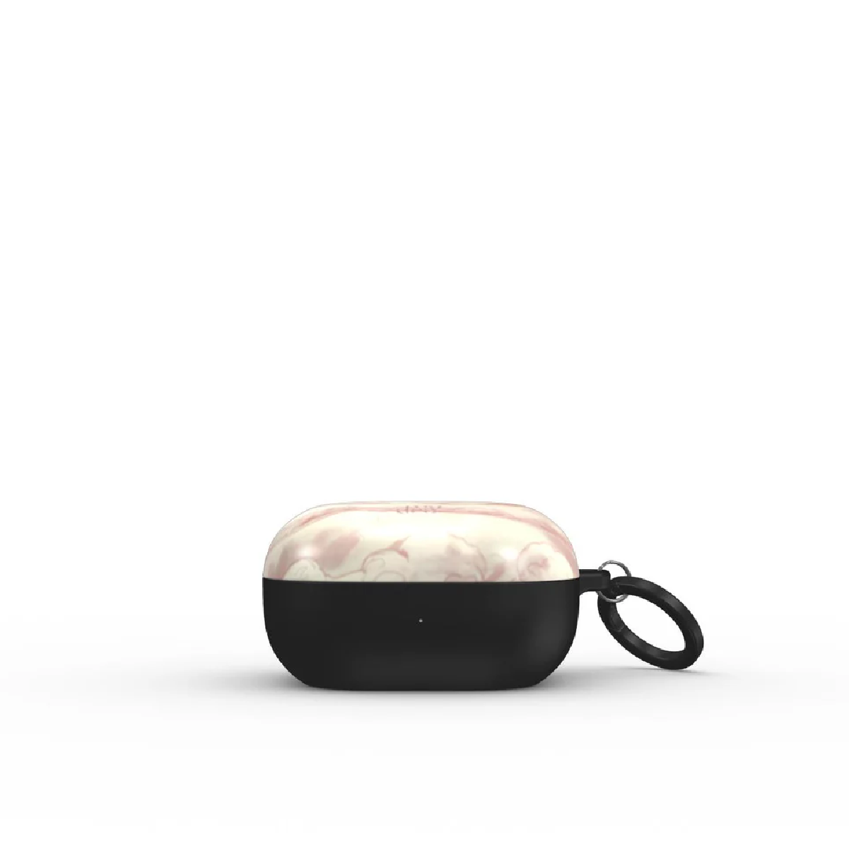 Custodia per auricolari. La parte superiore è bianca con vortici rosa, la parte inferiore è nera. Un anello nero è sul lato. Sfondo bianco.