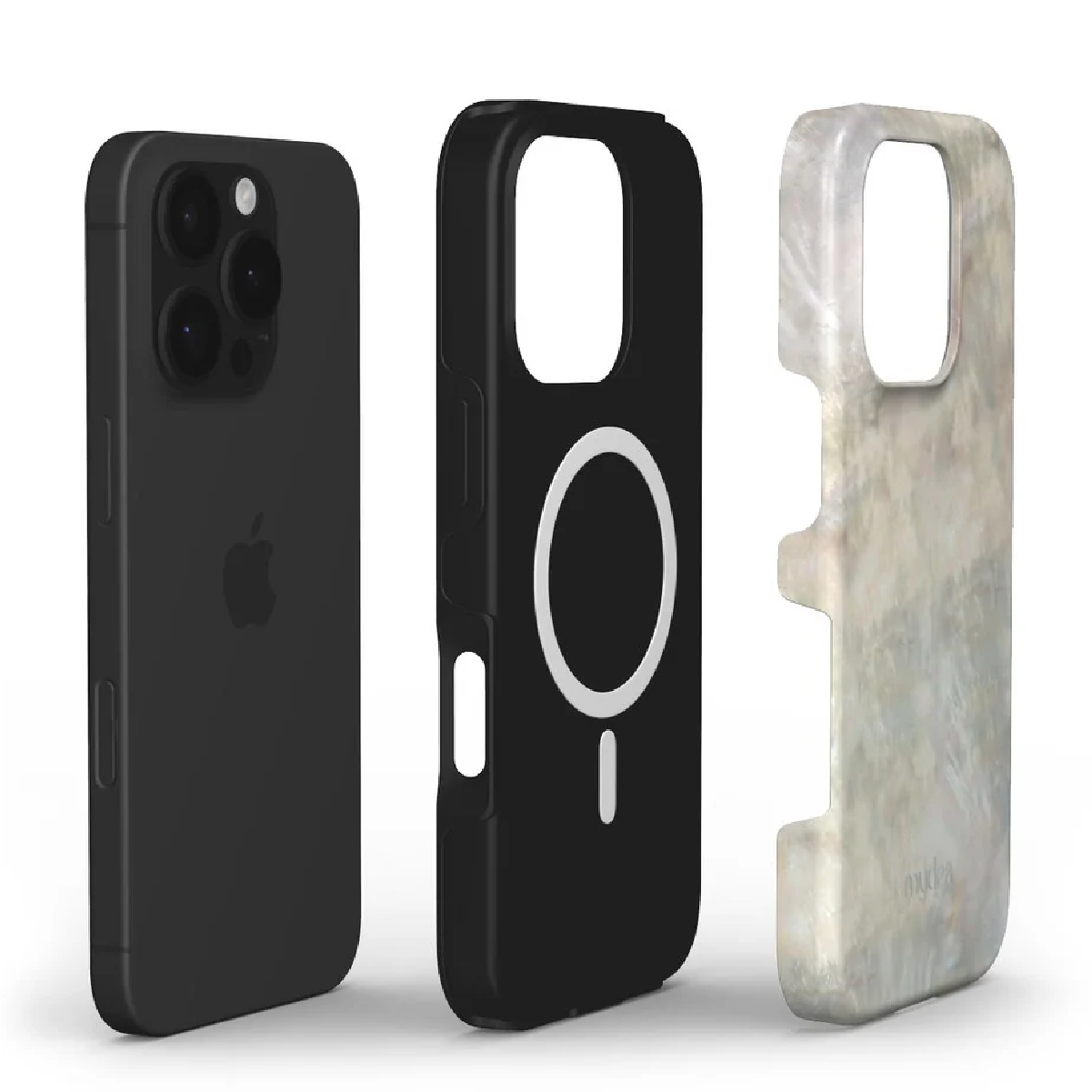 Tre custodie per telefono: iPhone nero, custodia nera con cerchio bianco e custodia con motivo marmorizzato.