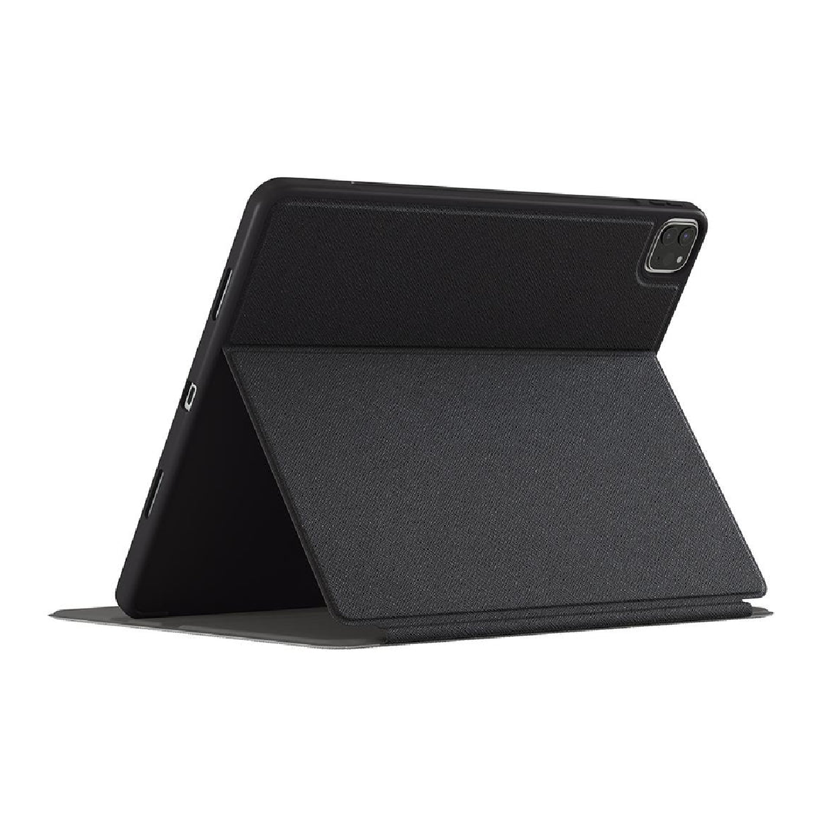 Un iPad nero con una custodia protettiva. La custodia è aperta, sostenendo l'iPad. Lo sfondo è bianco.