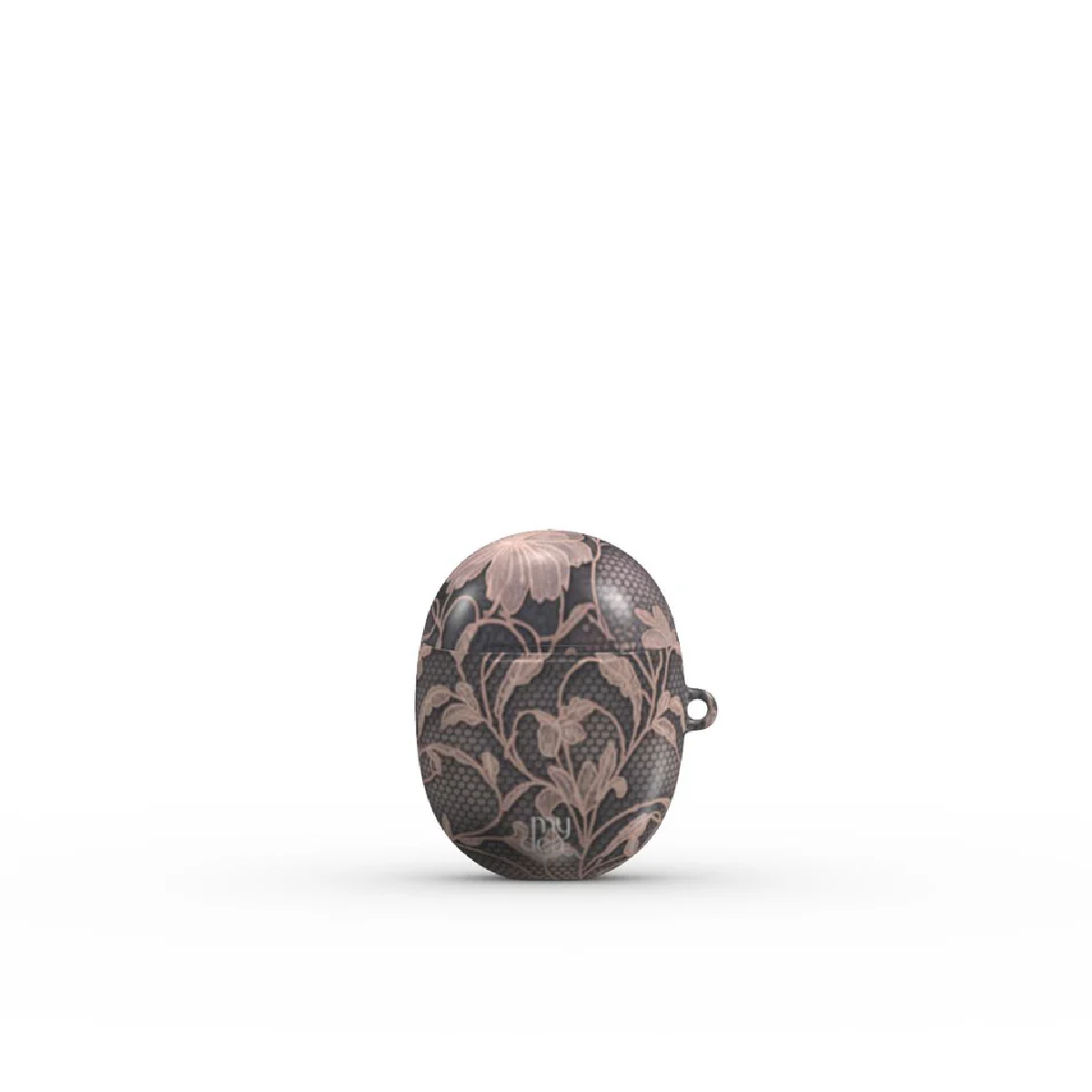 Una custodia per auricolari, di forma ovale, con un disegno floreale in rosa e grigio scuro. La custodia è su sfondo bianco.