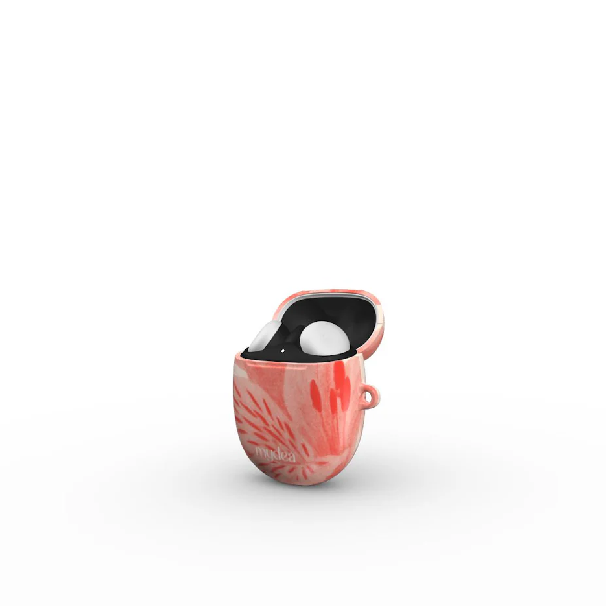Custodia rosa per auricolari con design floreale, aperta per rivelare auricolari bianchi su sfondo bianco.