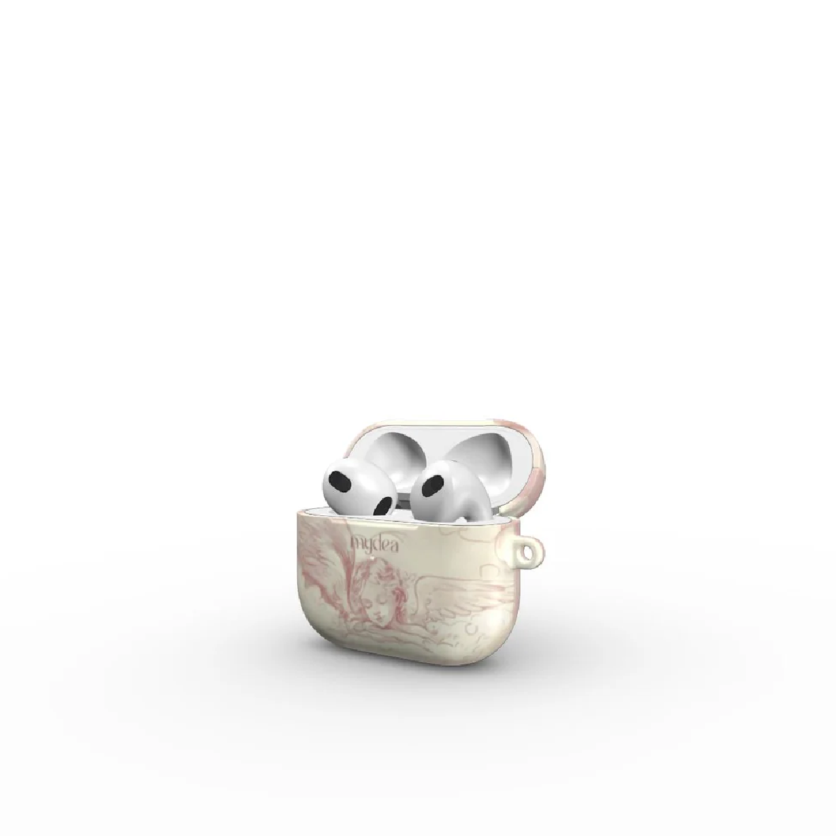 AirPods bianche in un astuccio. L'astuccio è decorato con un disegno di angelo rosa e la parola 'mydea'.