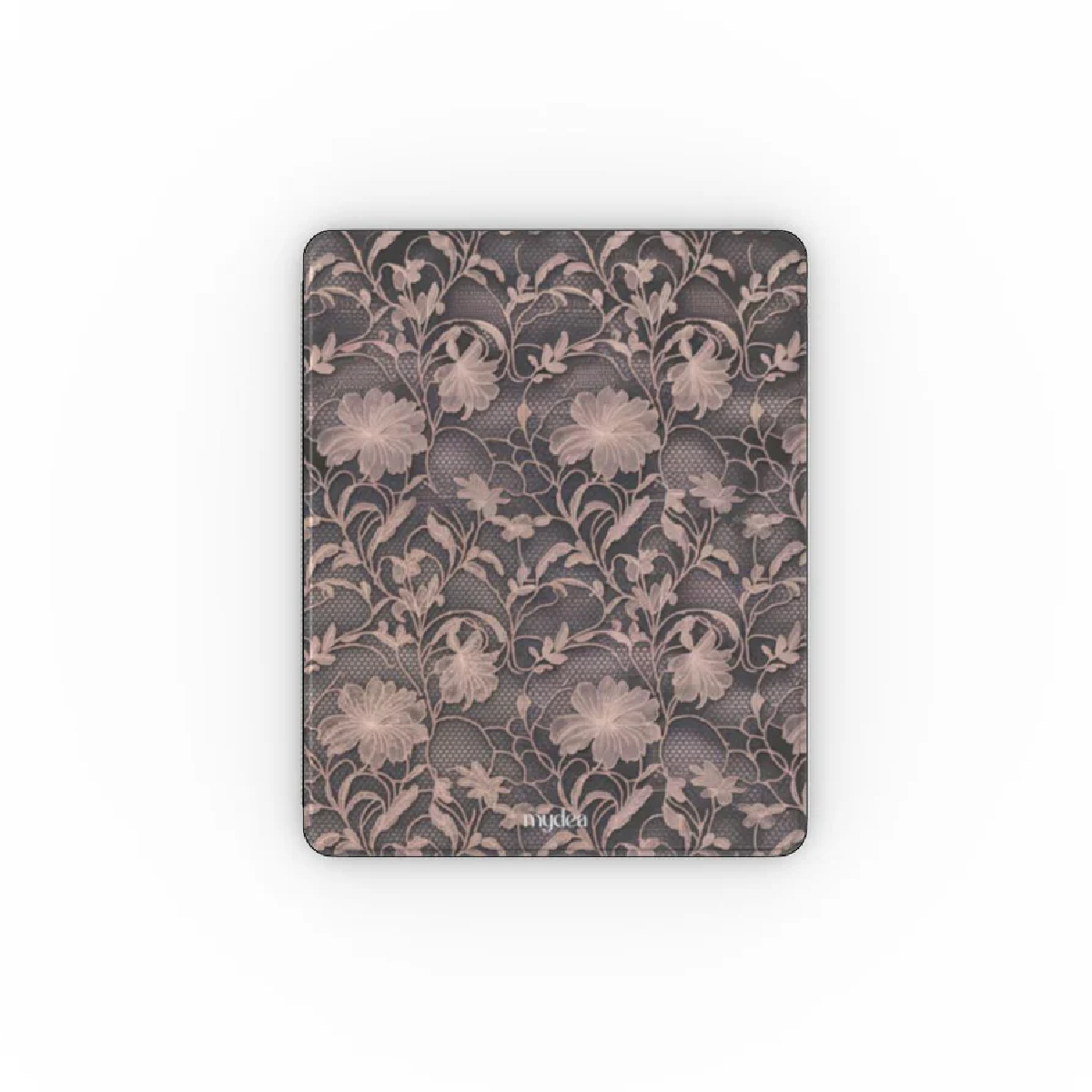 Una custodia rettangolare per tablet con motivo floreale. Il motivo presenta fiori e viti rosa pallido su sfondo grigio scuro.