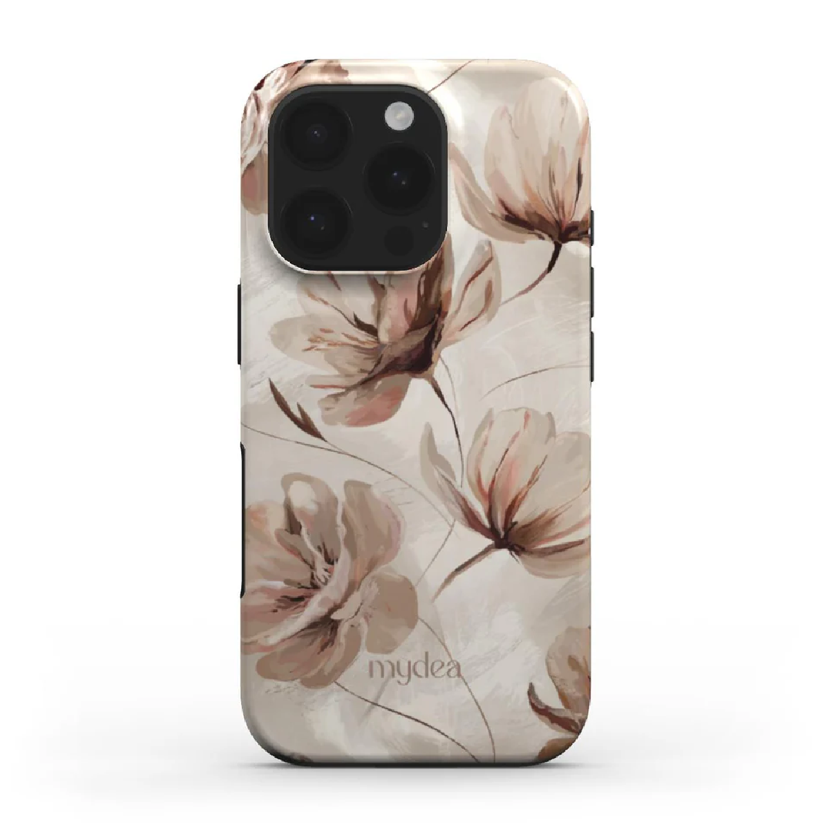 Una custodia per telefono con un design floreale. I fiori sono in tonalità marrone e rosa su uno sfondo crema. La fotocamera del telefono è visibile.