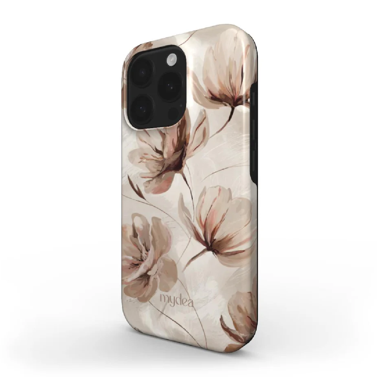 Una custodia per telefono con un design floreale. I fiori sono nei toni del marrone e del pesca. La custodia è di colore crema chiaro.