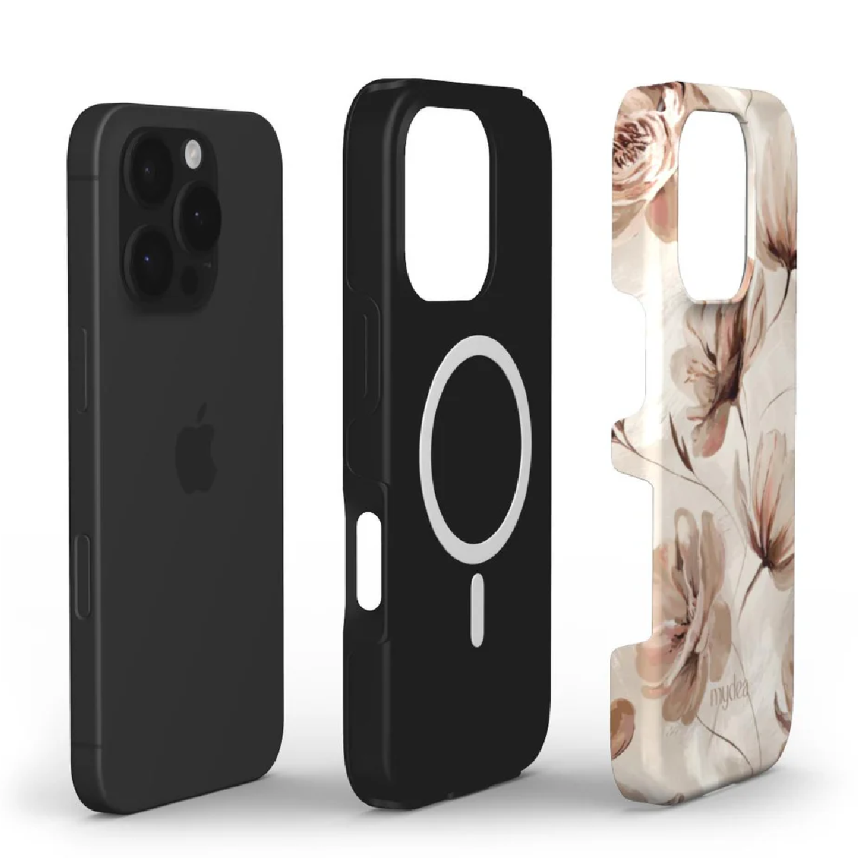 Tre custodie per telefono: nera, nera con un anello bianco e un design floreale. La custodia nera è a sinistra. Quella floreale è a destra.