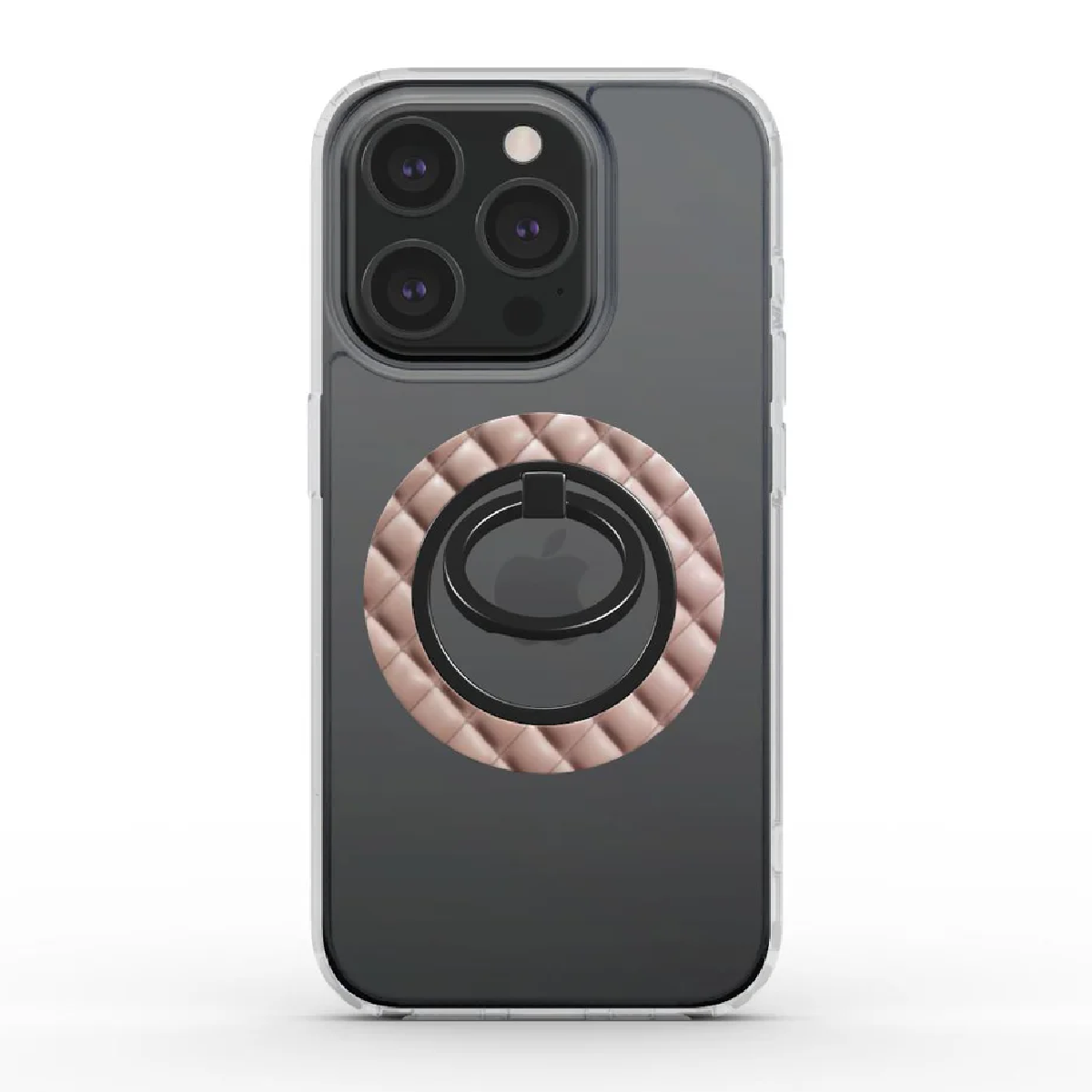 iPhone con supporto ad anello in oro rosa. Il telefono ha una custodia trasparente. Il supporto ad anello è trapuntato e ha un anello nero.