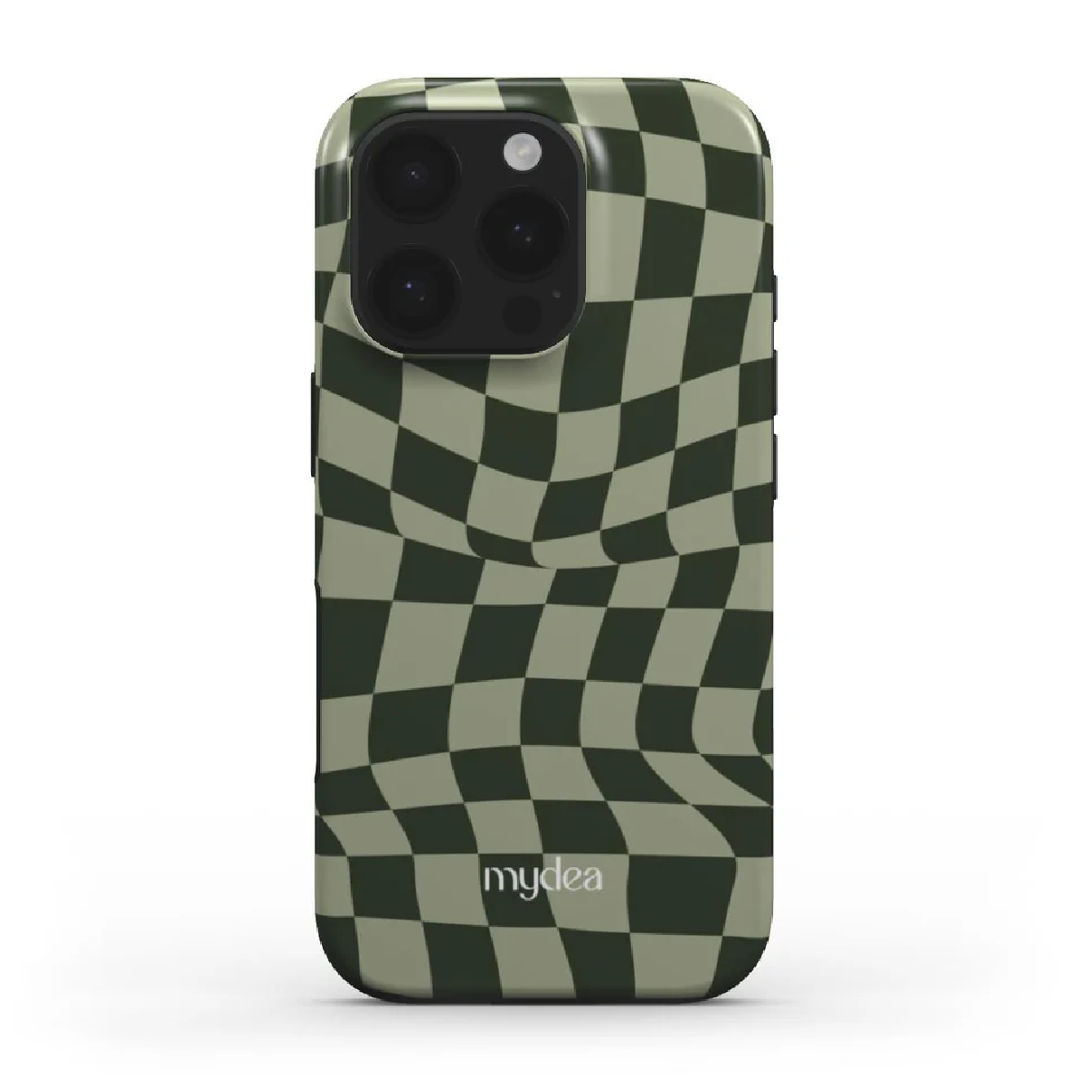 Una custodia per cellulare con un motivo a scacchi. Il motivo ha un effetto ondulato distorto. I colori sono verde scuro e verde chiaro.