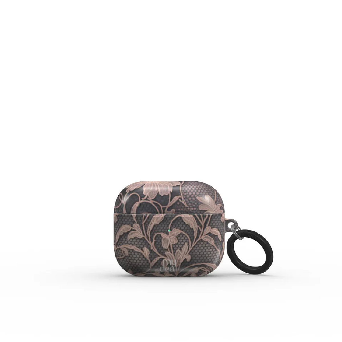 Custodia per AirPods con motivo floreale. Design nero e rosa su sfondo bianco. Include un anello nero. Il logo "dea" è visibile.