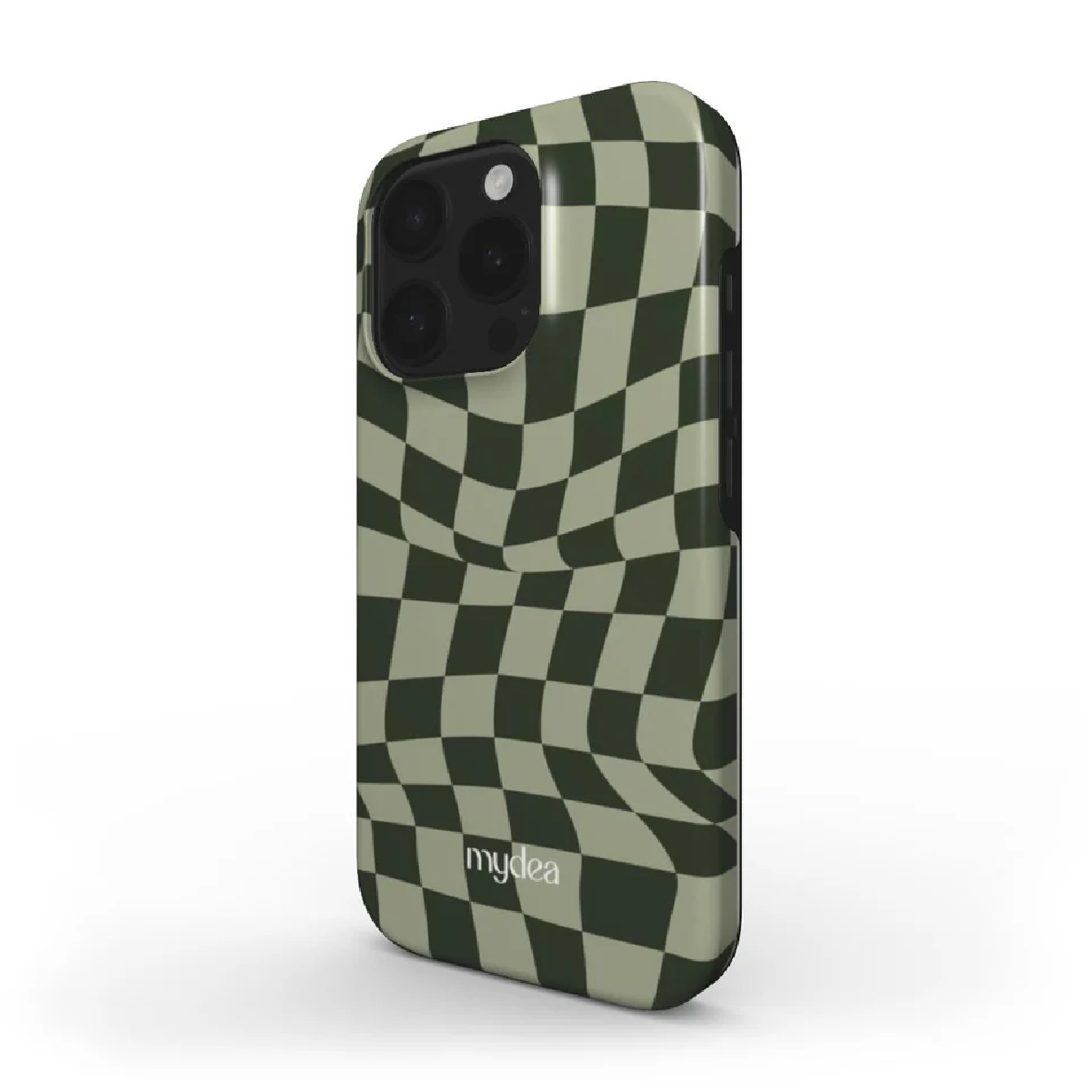 Una custodia per telefono con un motivo a scacchiera verde e crema. La custodia ha un rigonfiamento per la fotocamera con più lenti. Il marchio 'mydea' è visibile.