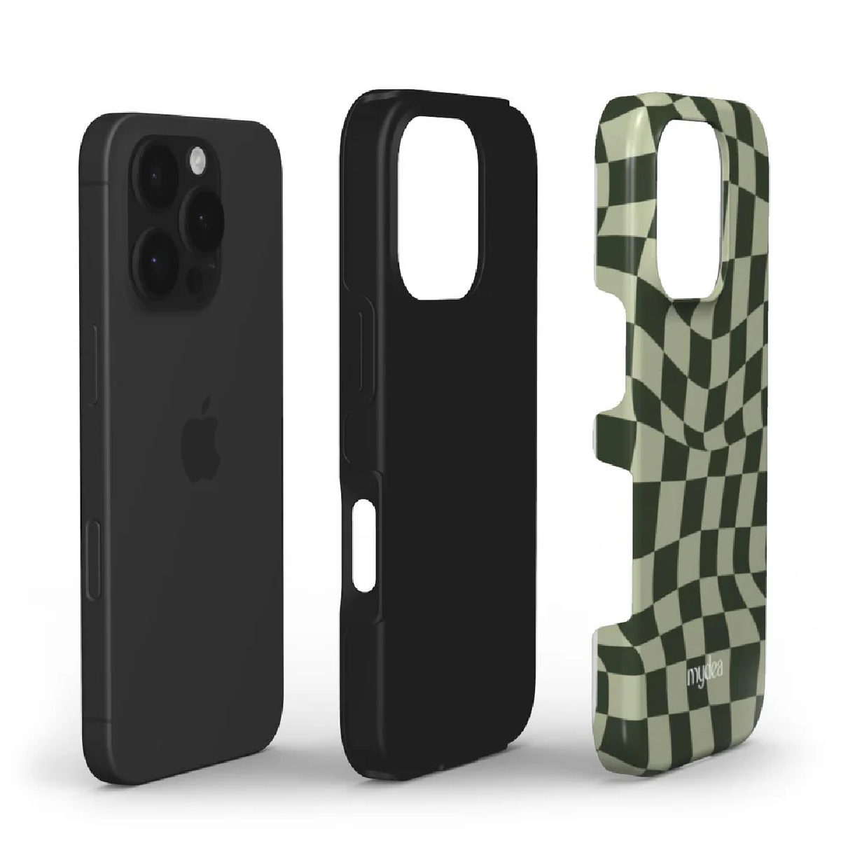 Un iPhone e tre custodie. Un telefono nero e due custodie, una nera e una a scacchi verdi e bianchi.
