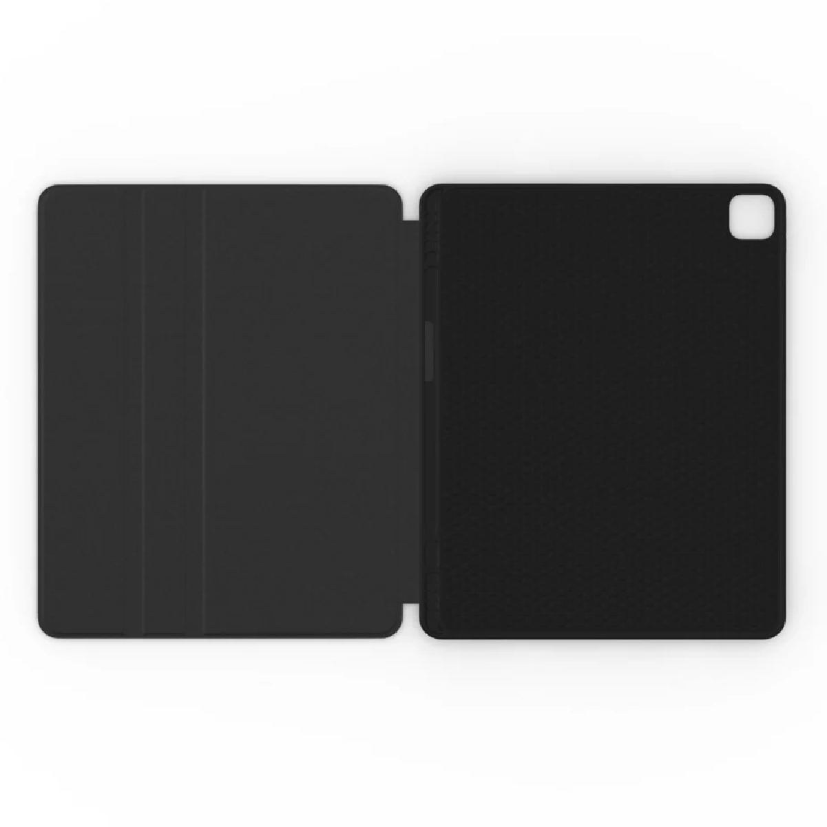 Custodia per tablet nera aperta. Il lato sinistro è piegato, il destro è aperto. Sfondo bianco. Piccolo quadrato bianco in alto a destra.