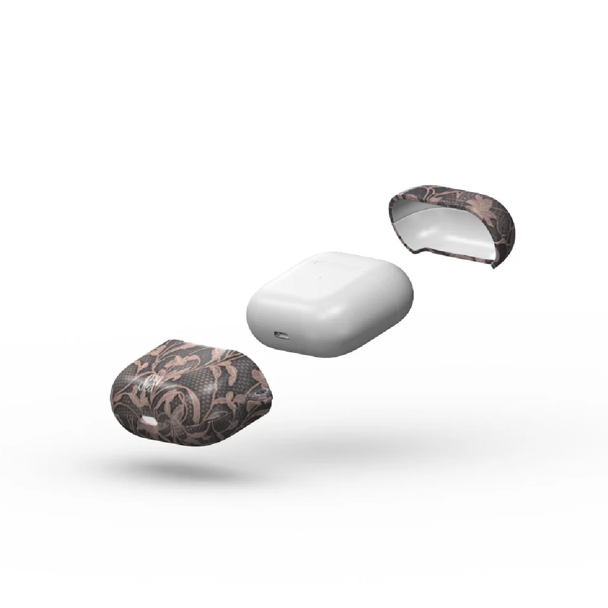Custodia AirPods bianca con coperture fantasia staccate. Una copertura è aperta, l'altra staccata. Tutto fluttuante su sfondo bianco.