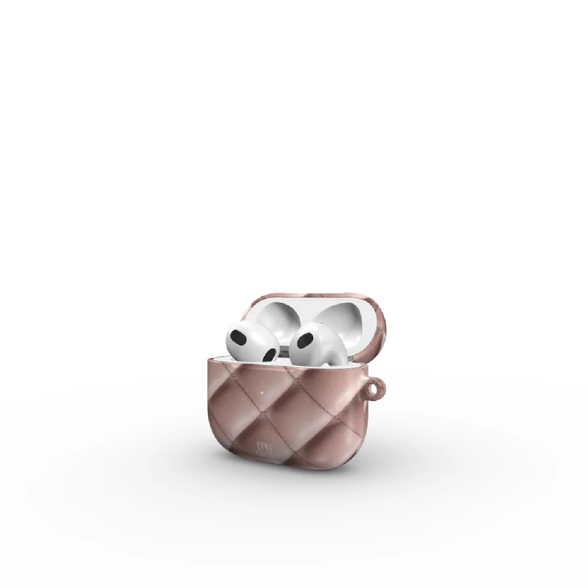 Auricolari in custodia trapuntata oro rosa, aperta per rivelare gli auricolari bianchi. La custodia ha un piccolo anello laterale.