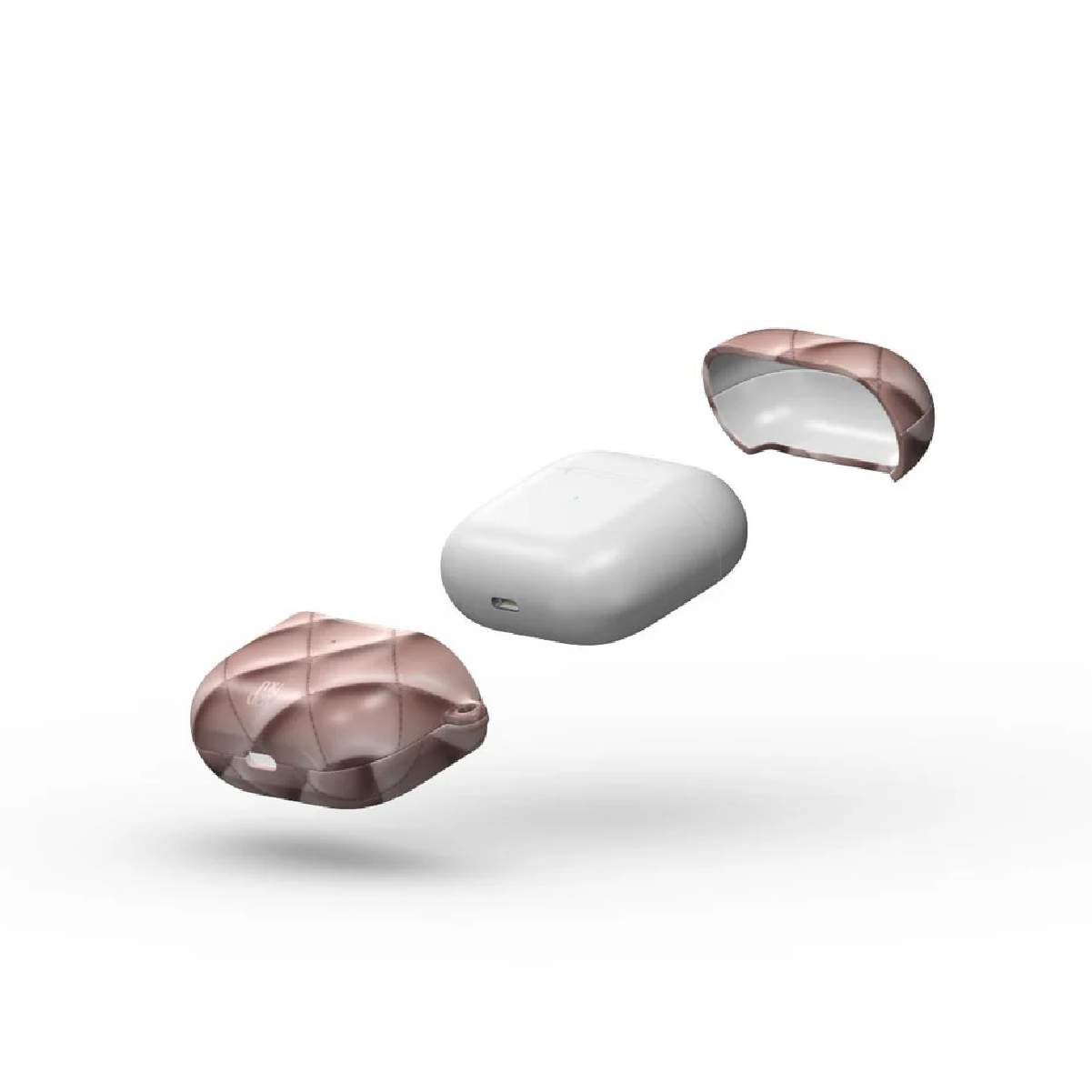 Una custodia di ricarica wireless bianca aperta con due coperture color oro rosa staccate. Lo sfondo è bianco.