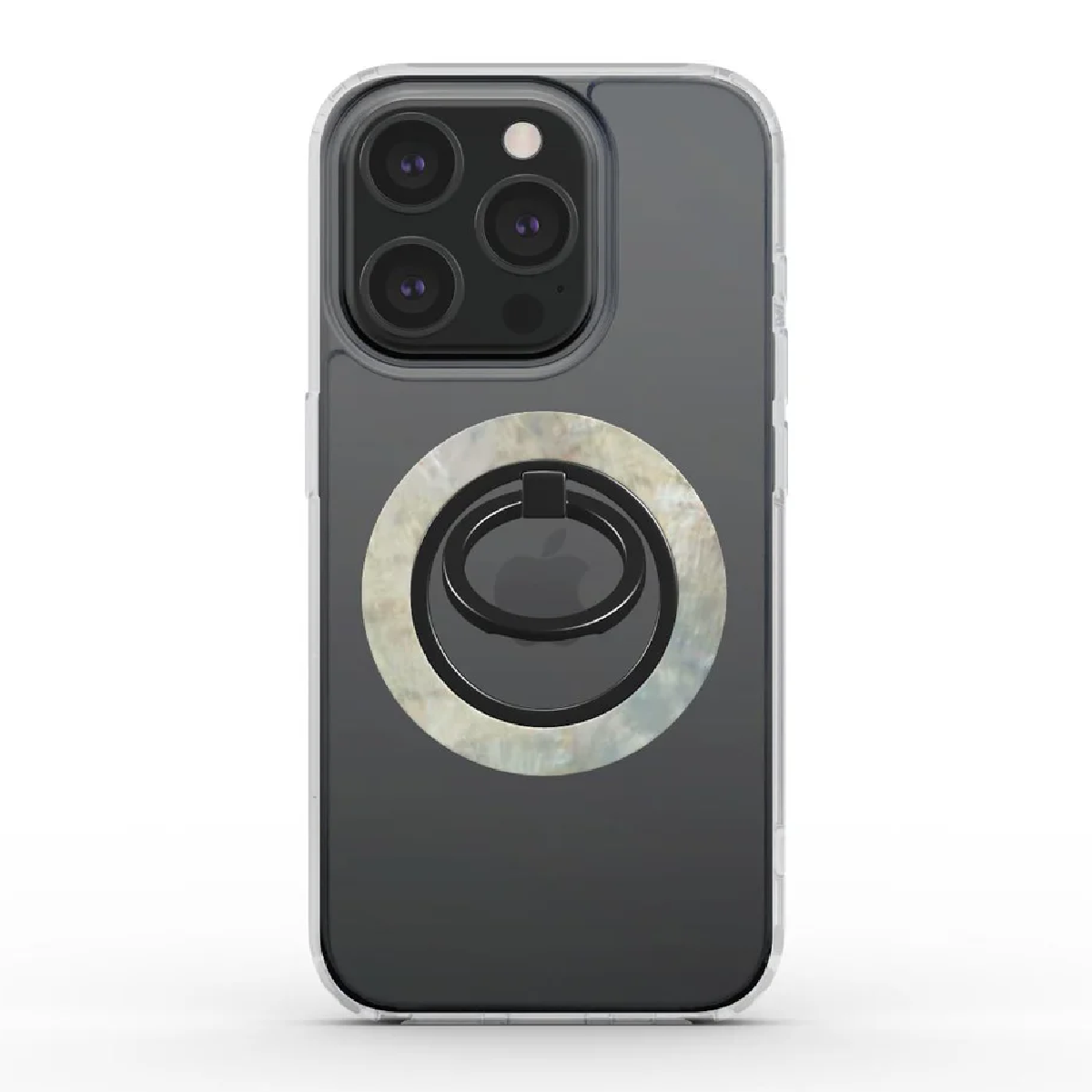 Un iPhone nero con un porta anello. Il porta anello è bianco e nero con il logo Apple. La custodia del telefono è trasparente.