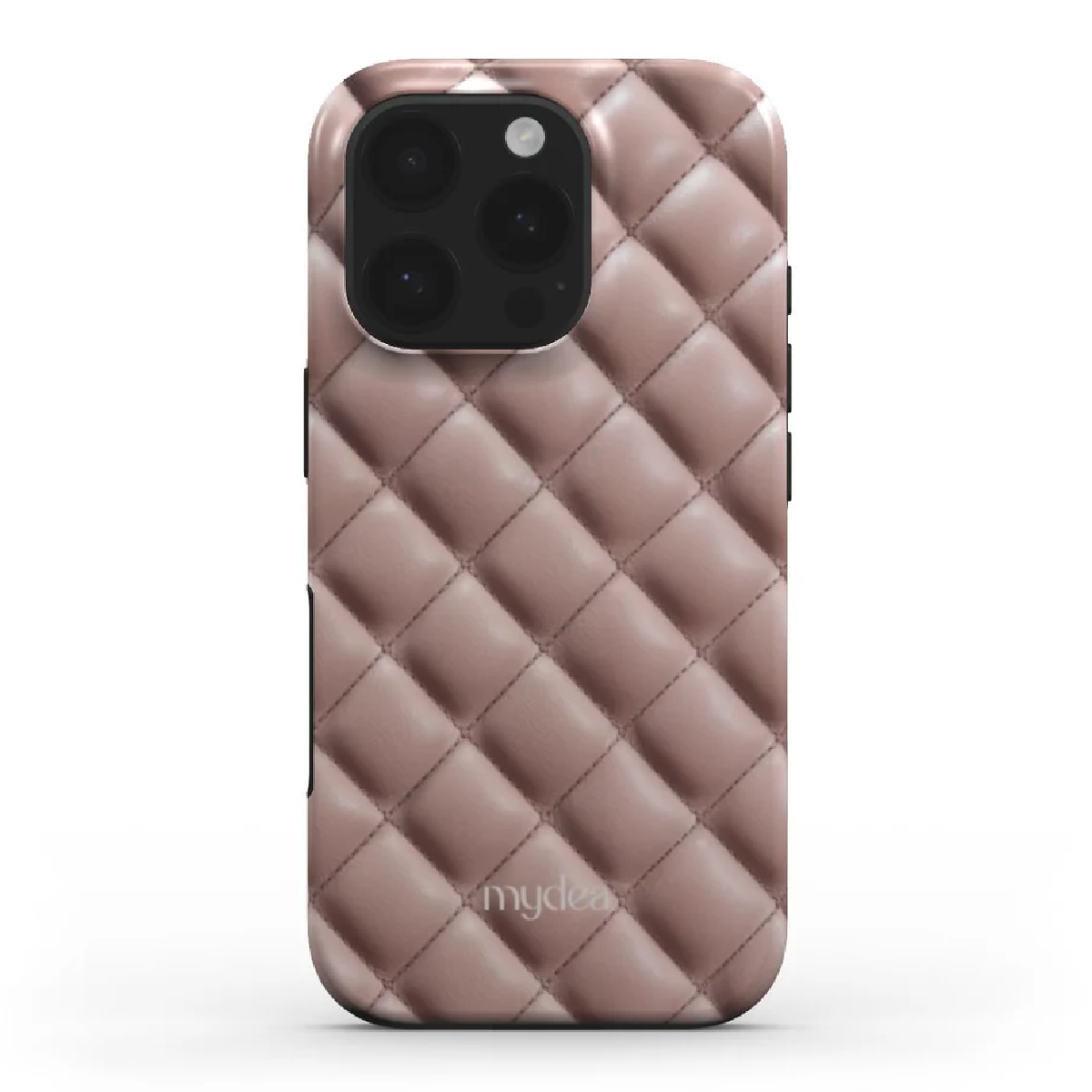 Una custodia per telefono con motivo trapuntato marrone chiaro. Le lenti della fotocamera sono visibili in alto.