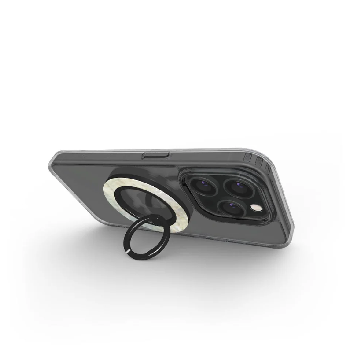 Una custodia per telefono con anello. Il telefono è nero con una custodia trasparente. L'anello è bianco e nero.