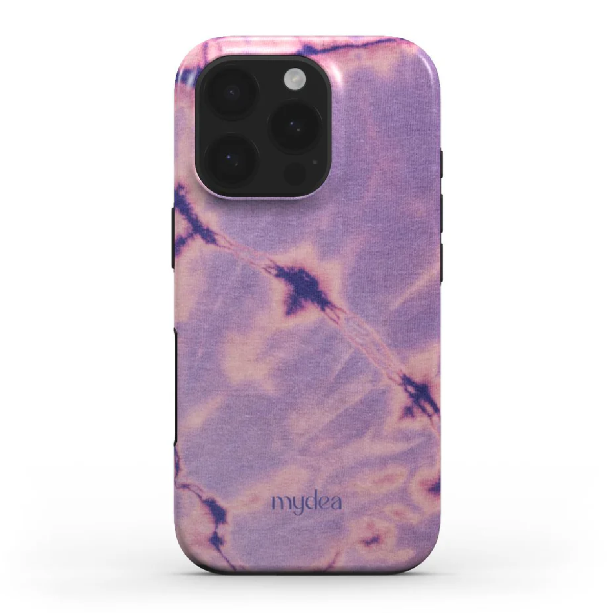 Custodia per telefono con motivo tie-dye nei toni del viola e del rosa. Le lenti della fotocamera del telefono sono visibili in alto.