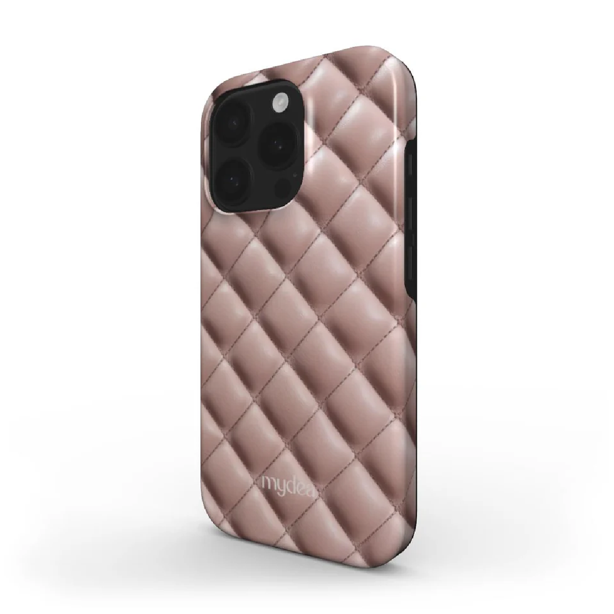 Una custodia per telefono rosa trapuntata con un modulo fotocamera nero. La custodia ha angoli arrotondati. Il marchio mydea è visibile in basso.
