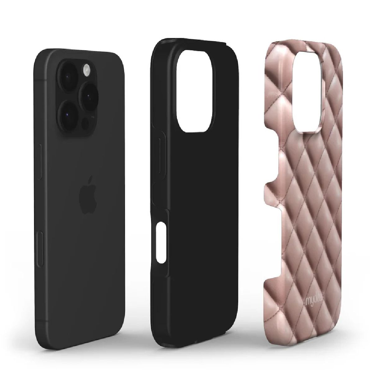 Un iPhone con custodia nera, custodia protettiva nera e custodia trapuntata rosa è esposto su sfondo bianco.