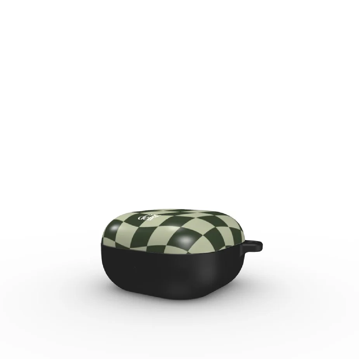 Una custodia nera e verde a scacchi per auricolari, con manico. È su sfondo bianco. La custodia ha un logo in alto.