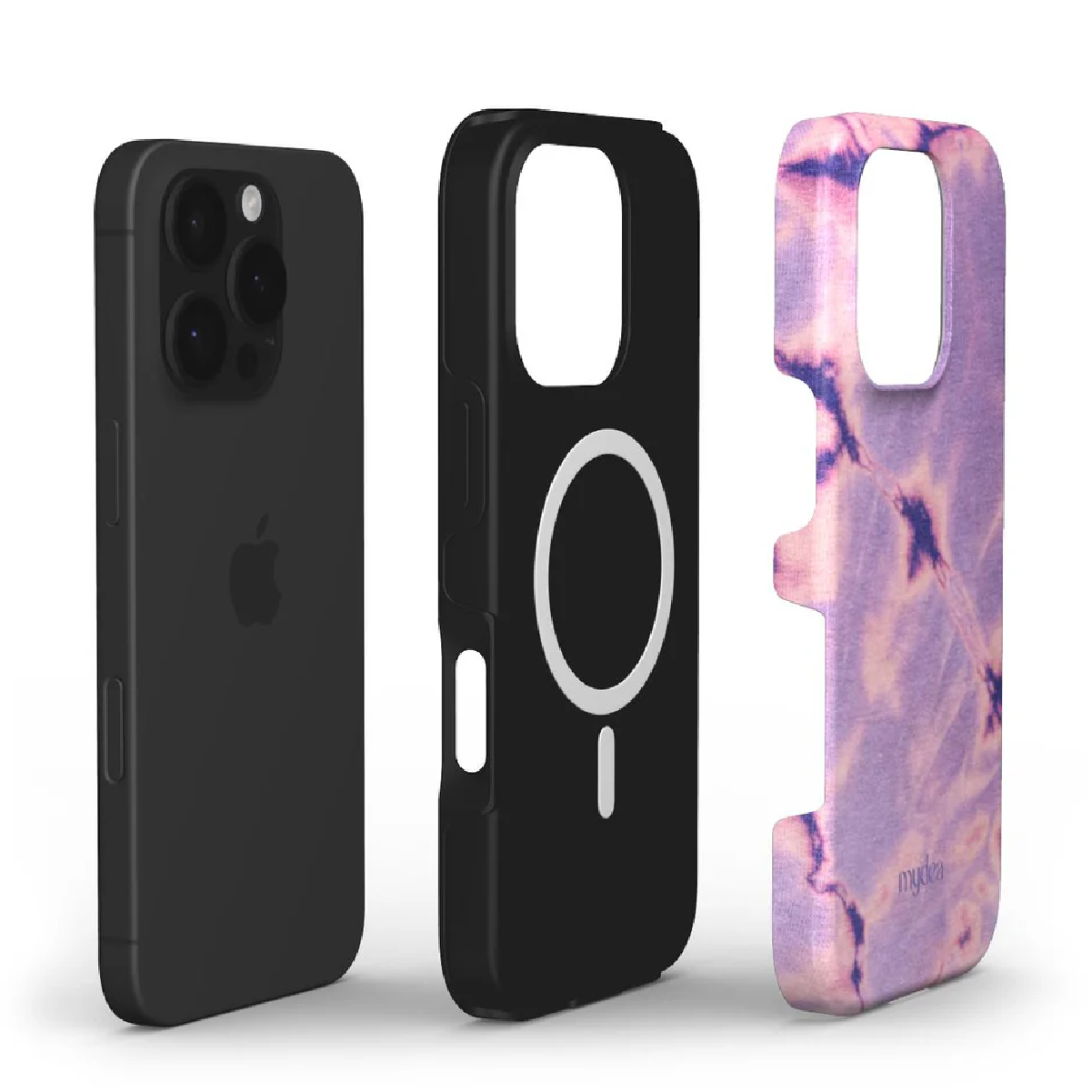 Tre custodie per iPhone: nera, nera con anello bianco e tie-dye viola. La custodia nera è a sinistra con un logo Apple.